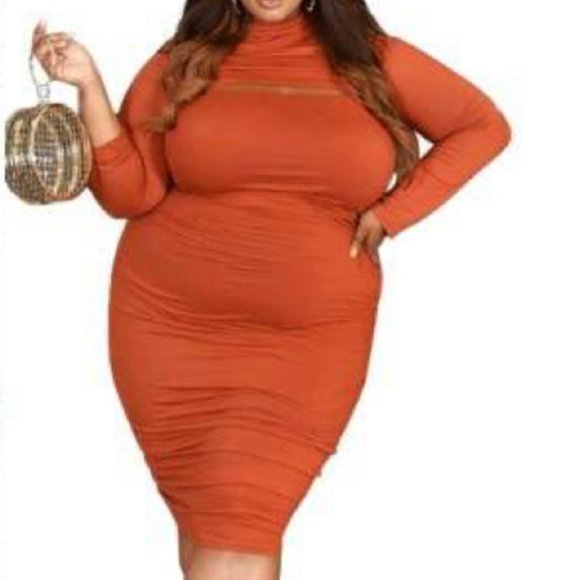 CURVE CLIQUE BODYCON DRESS - ORANGE - Picture 1 of 3